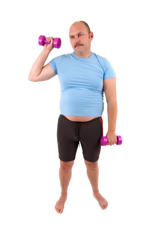 Demotivated Sports Man With Dumbbells And A Too Tight Shirt